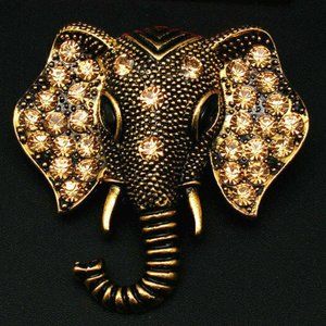 Elephant Head Pin Gold with Crystals Brooch